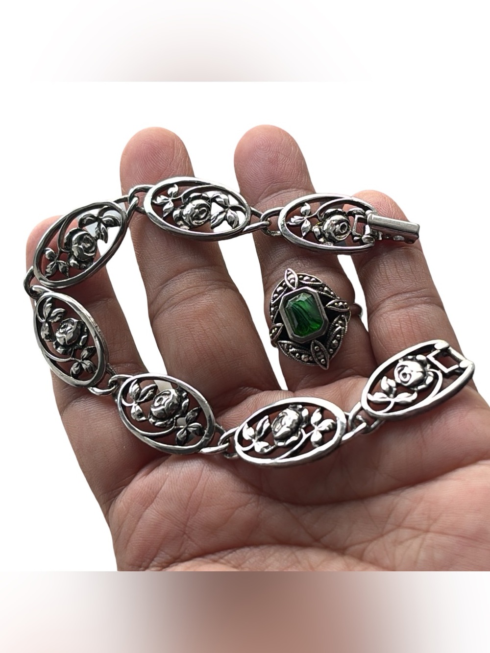 Vintage 1970s Silver tone Rose Link Bracelet and Green Stone Ring
